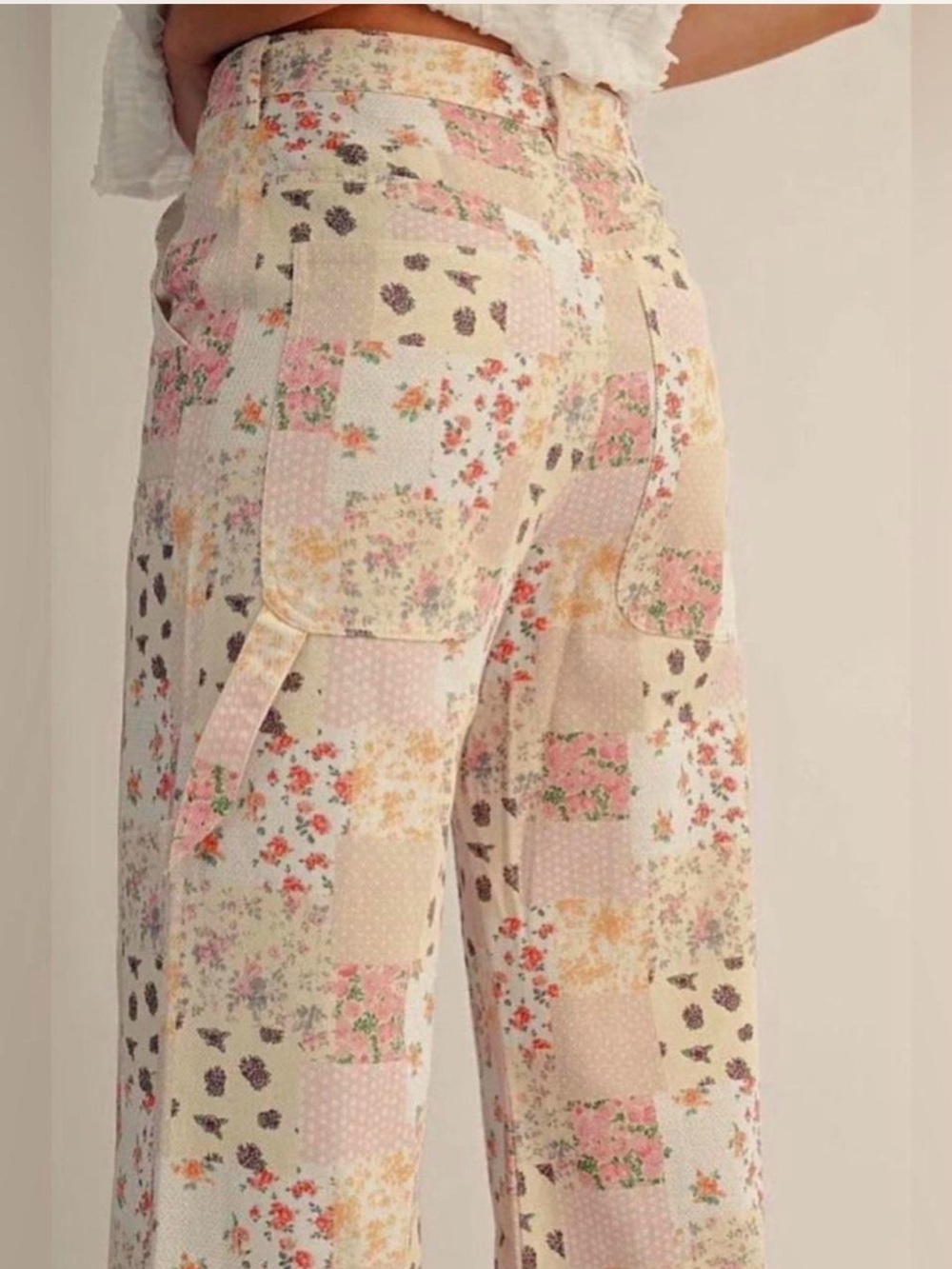 Pastel Floral Patchwork Wide-Leg Pants in Cream & Pastel - Picture 5 of 7